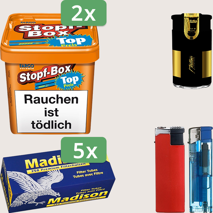 Fargo Stopfbox 420 g Sparpaket mit 1.750 Madison Hülsen und Feuerzeugset