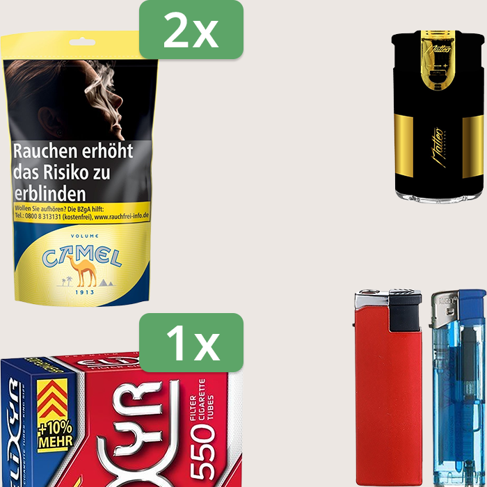 Camel Yellow 2 x 102 g Sparpaket mit 550 Elixyr Hülsen und Feuerzeugset