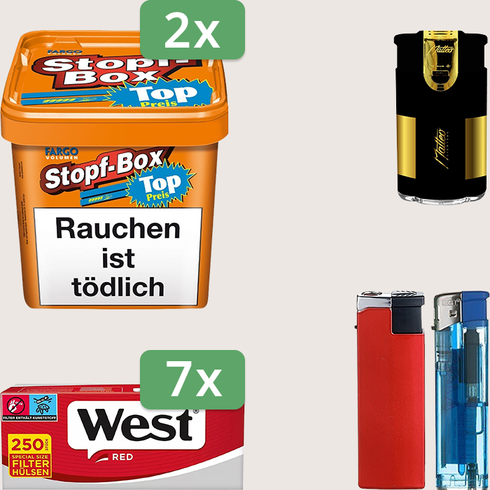 Fargo Stopfbox 2 x 420 g Sparpaket mit 1.750 West Red Special Size Hülsen und Feuerzeugset