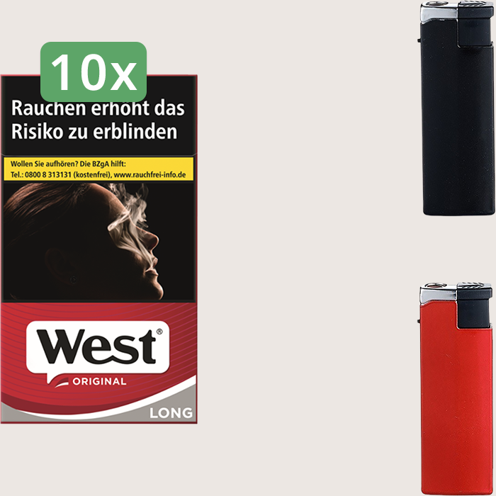 West Original Long 10 x 8,70 € Sparpaket mit 200 Zigaretten und Feuerzeugset