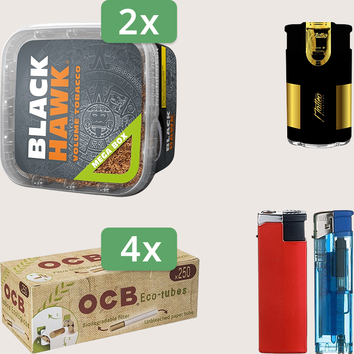 Black Hawk 2 x 230 g Sparpaket mit 1.000 OCB Organic Hülsen und Feuerzeugset