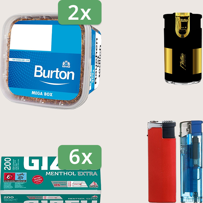 Burton Blue 2 x 270 g Sparpaket mit 1.200 Gizeh Menthol Extra Hülsen und Feuerzeugset