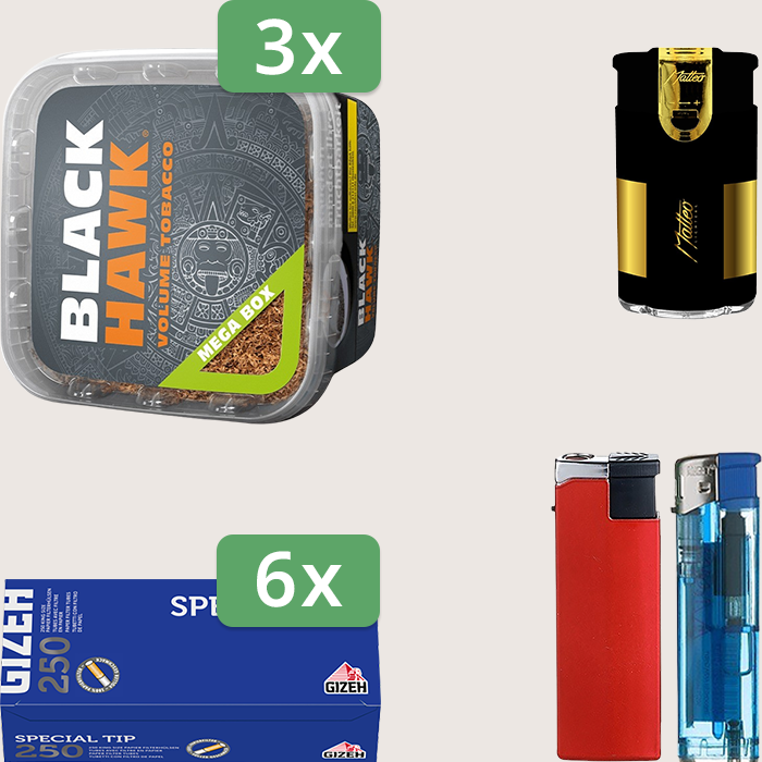 Black Hawk 3 x 230 g mit 1.500 Gizeh Special Tip Hülsen und Feuerzeugset
