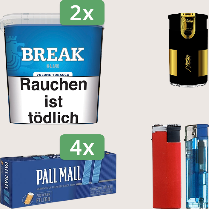 Break Blue 2 x 195 g Sparpaket mit 800 Pall Mall Blue Xtra Hülsen und Feuerzeugset