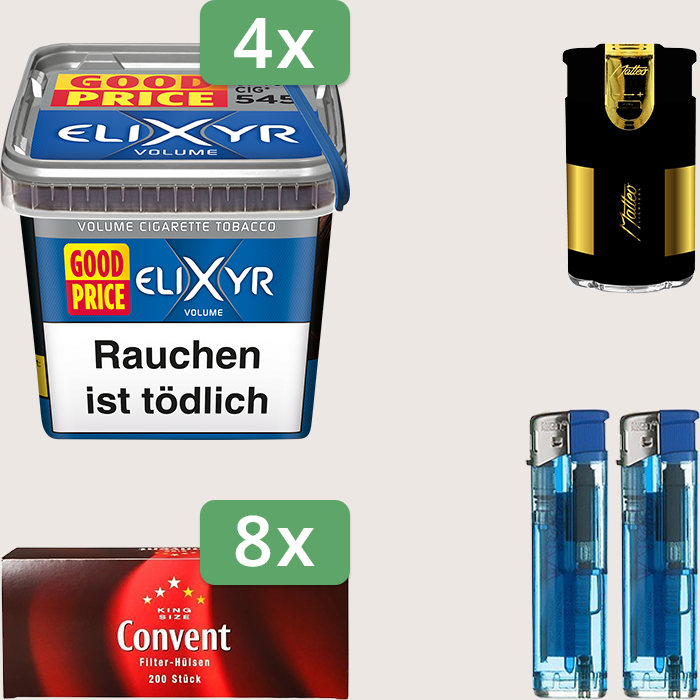 Elixyr Volume Blue 4 x 245 g Sparpaket mit 1.600 Convent Hülsen und Feuerzeugset
