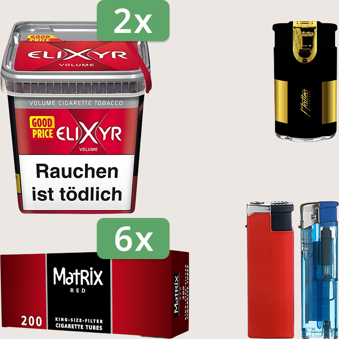Elixyr Red 2 x 260 g Sparpaket mit 1.200 Matrix Red Hülsen und Feuerzeugset