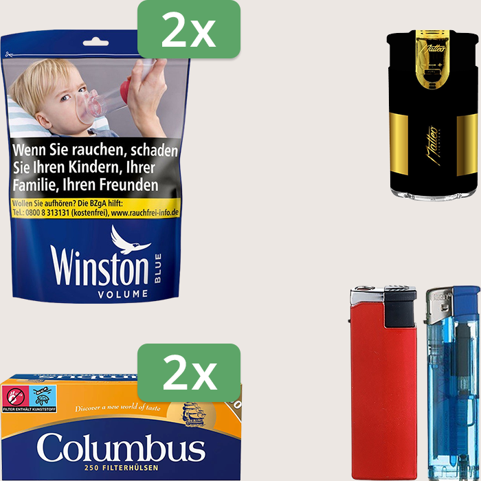 Winston Blue 2 x 100 g Sparpaket mit 500 Columbus Hülsen und Feuerzeugset Winston Blue 2 x 100 g Sparpaket mit 500 Columbus Hülsen und Feuerzeugset