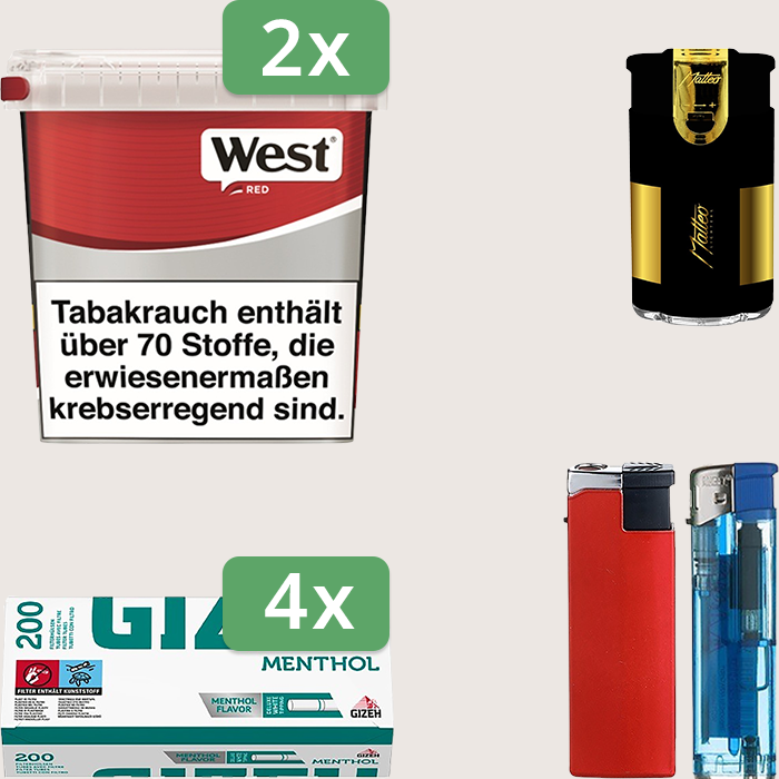 West Red 2 x 170 g Sparpaket mit 800 Gizeh Menthol Hülsen und Feuerzeugset