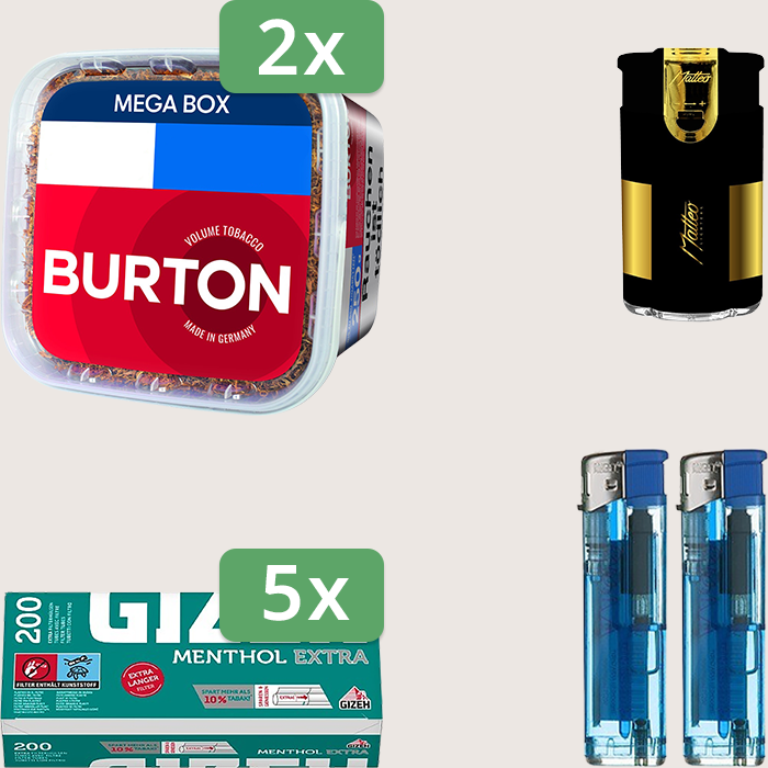 Burton Full Red 2 x 270 g Sparpaket mit 1.000 Gizeh Menthol Extra Hülsen und Feuerzeugset Burton Full Red 2 x 270 g Sparpaket mit 1.000 Gizeh Menthol Extra Hülsen und Feuerzeugset