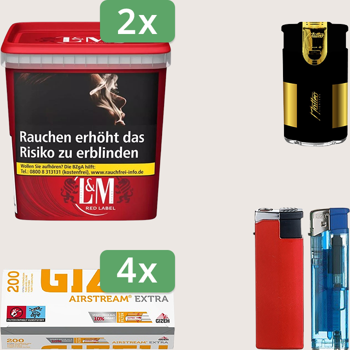 L&M Red 2 x 185 g Sparpaket mit 800 Gizeh Airstream Extra Hülsen und Feuerzeugset