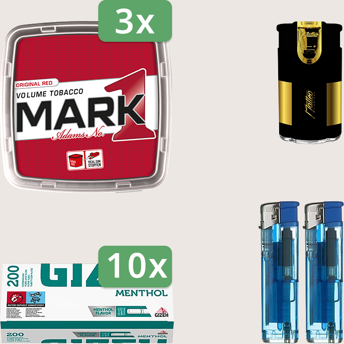 Mark 1 Original Red 3 x 400 g Sparpaket mit 2.000 Gizeh Menthol Hülsen und Feuerzeugset