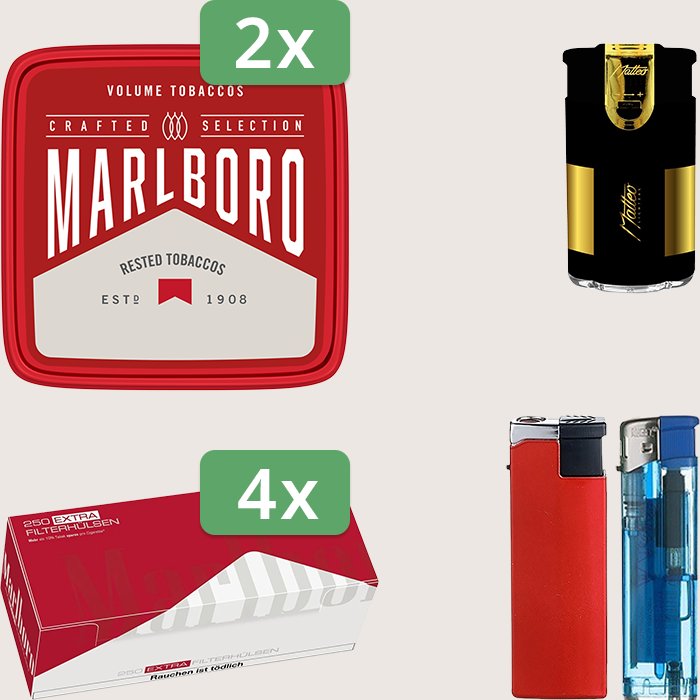 Marlboro Crafted 2 x 230 g Sparpaket mit 1.000 Marlboro Red Extra Hülsen und Feuerzeugset