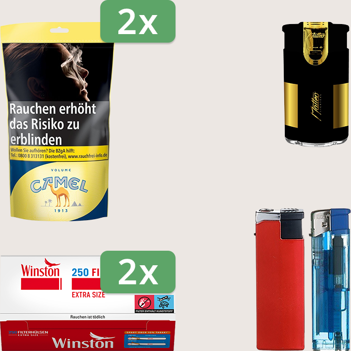 Camel Yellow 2 x 102 g Sparpaket mit 500 Winston Extra Hülsen und Feuerzeugset