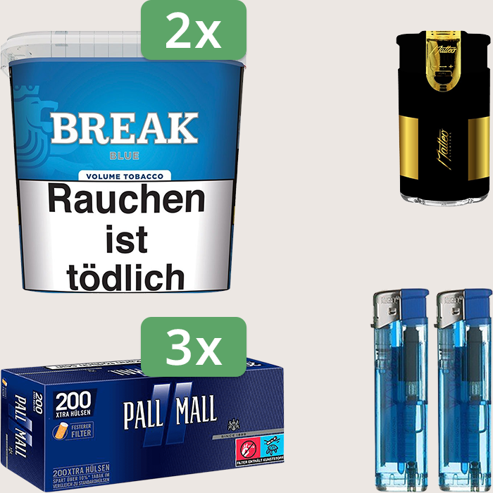 Break Blue 2 x 185 g Sparpaket mit 600 Pall Mall Blue Xtra Hülsen und Feuerzeugset