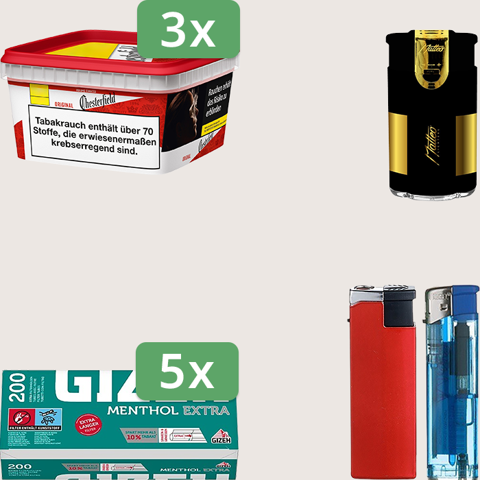 Chesterfield Original Red 3 x 135 g mit 1.000 Gizeh Menthol Extra Hülsen und Feuerzeugset