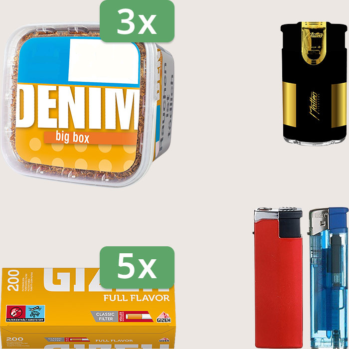 Denim Classic 3 x 160 g mit 1.000 Gizeh Full Flavor Hülsen und Elektrofeuerzeug