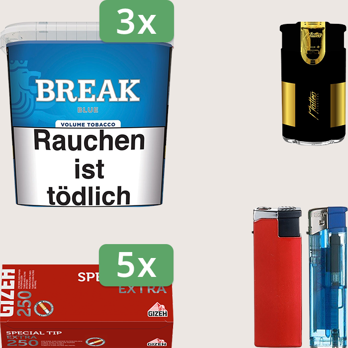 Break Blue 3 x 185 g Sparpaket mit 1.250 Gizeh Special Tip Extra Hülsen und Feuerzeugset