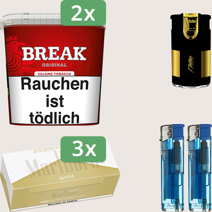Break Original 2 x 185 g Sparpaket mit 750 Marlboro Gold Extra Hülsen und Feuerzeugset