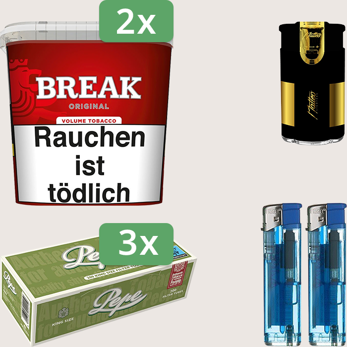 Break Original 2 x 185 g Sparpaket mit 600 Pepe Hülsen und Feuerzeugset Break Original 2 x 185 g Sparpaket mit 600 Pepe Hülsen und Feuerzeugset