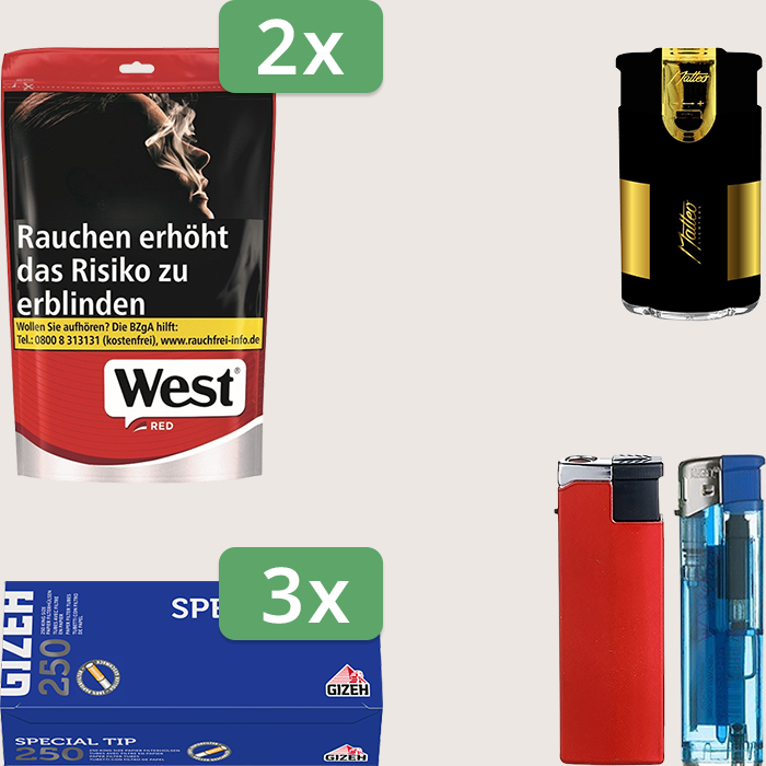 West Red 2 x 137 g Sparpaket mit 750 Gizeh Special Tip Hülsen und Feuerzeugset