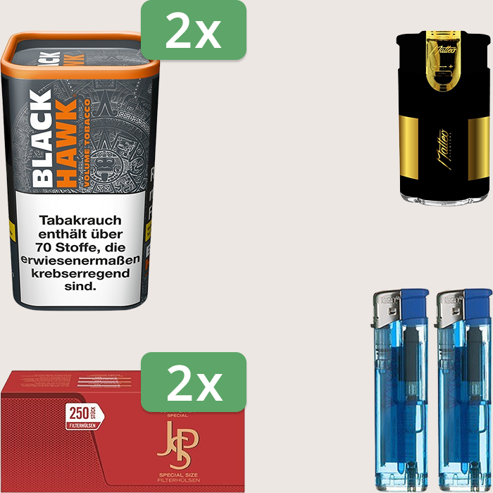 Black Hawk 2 x 90 g Sparpaket mit 500 JPS Red Special Hülsen und Feuerzeugset
