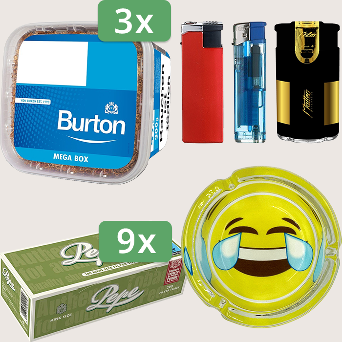 Burton Blue 3 x 250 g Sparpaket mit 1.800 Pepe Hülsen, Aschenbecher und Feuerzeugset