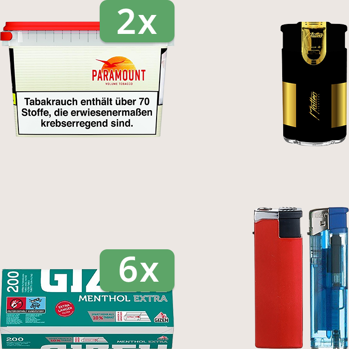 Paramount 2 x 230 g Sparpaket mit 1.200 Gizeh Menthol Extra Hülsen und Feuerzeugset