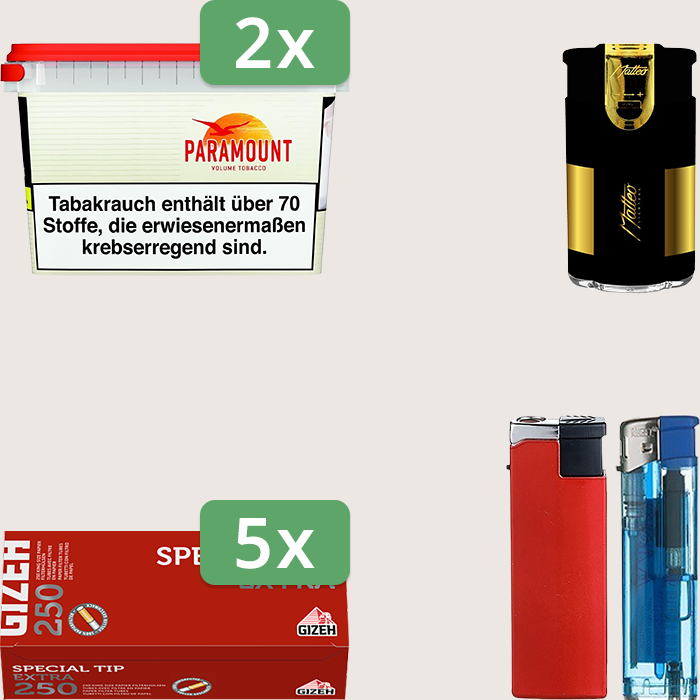 Paramount 2 x 230 g Sparpaket mit 1.250 Gizeh Special Tip Extra Hülsen und Feuerzeugset