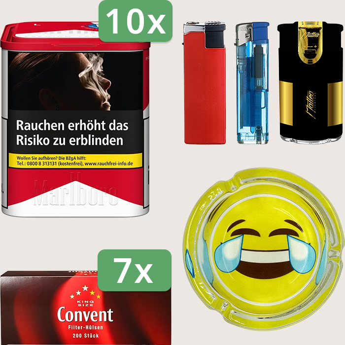 Marlboro Premium Red 10 x 70 g Sparpaket mit 1.400 Convent Hülsen, Aschenbecher und Feuerzeugset