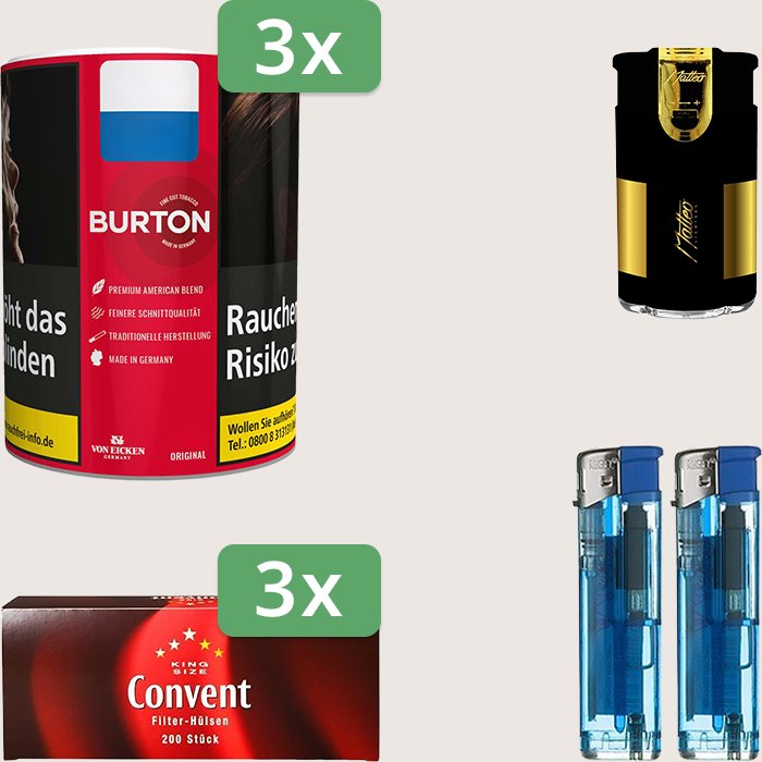 Burton Full Red 3 x 120 g Sparpaket mit 600 Convent Hülsen und Feuerzeugset