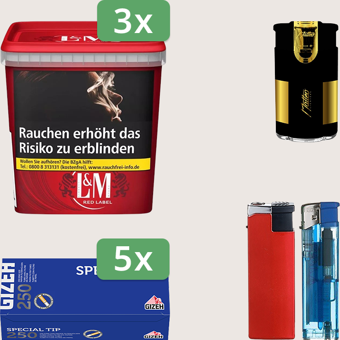 L&M Red 3 x 185 g Sparpaket mit 1.250 Gizeh Special Tip Hülsen und Feuerzeugset L&M Red 3 x 185 g Sparpaket mit 1.250 Gizeh Special Tip Hülsen und Feuerzeugset