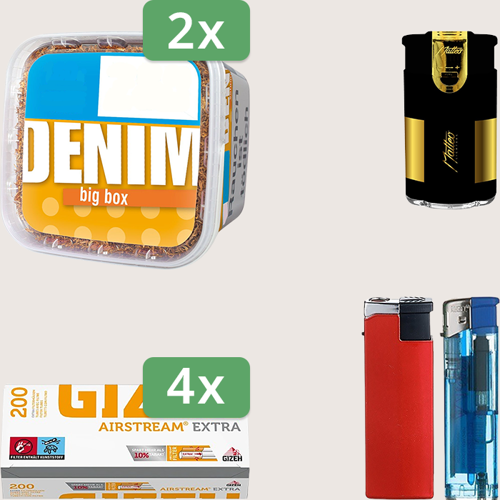 Denim Classic 2 x 160 g Sparpaket mit 800 Gizeh Airstream Extra Hülsen und Feuerzeugset