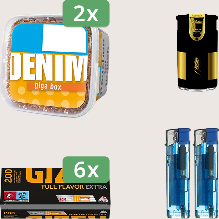 Denim Classic 2 x 315 g Sparpaket mit 1.200 Gizeh Full Flavor Extra Hülsen und Feuerzeugset
