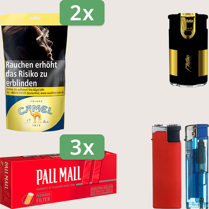 Camel Yellow 2 x 102 g Sparpaket mit 600 Pall Mall Red Xtra Hülsen und Feuerzeugset
