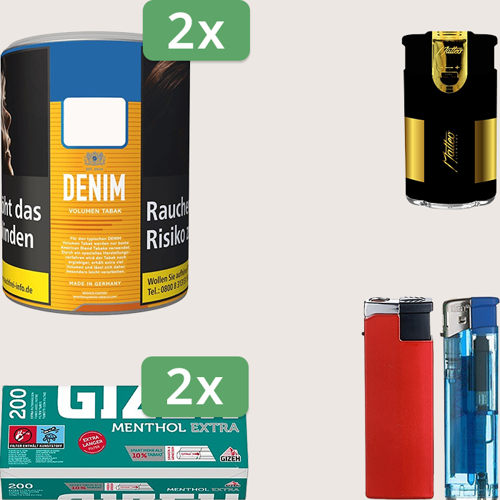 Denim Classic 2 x 65 g Sparpaket mit 400 Gizeh Menthol Extra Hülsen und Feuerzeugset