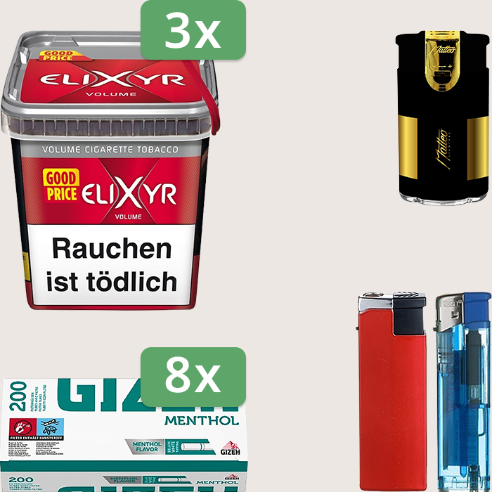 Elixyr Red 3 x 260 g Sparpaket mit 1.600 Gizeh Menthol Hülsen und Feuerzeugset