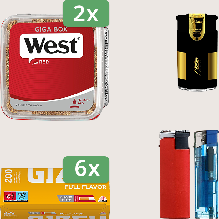 West Red 2 x 280 g Sparpaket mit 1.200 Gizeh Full Flavor Hülsen und Feuerzeugset