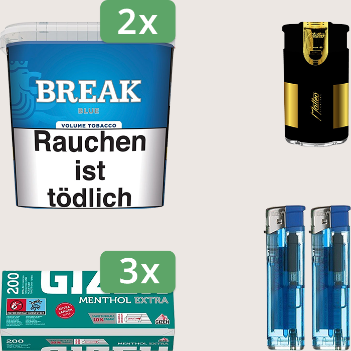 Break Blue 2 x 185 g Sparpaket mit 600 Gizeh Menthol Extra Hülsen und Feuerzeugset