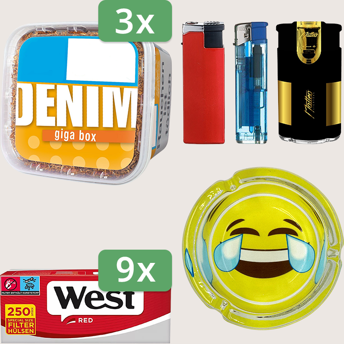 Denim Classic 3 x 315 g Sparpaket mit 2.250 West Red Special Hülsen und Aschenbecher