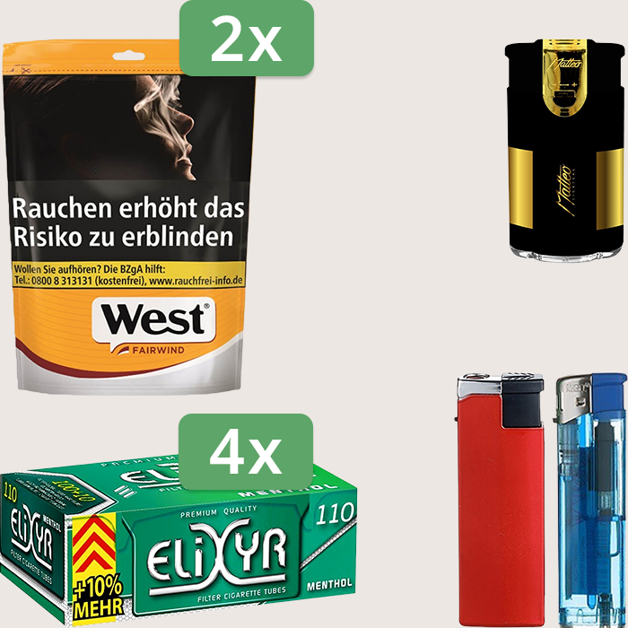 West Yellow 2 x 93 g Sparpaket mit 440 Energy+ Menthol Hülsen und Feuerzeugset