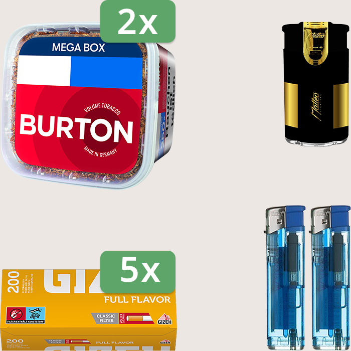 Burton Full Red 2 x 270 g Sparpaket mit 1.000 Gizeh Full Flavor Hülsen und Feuerzeugset