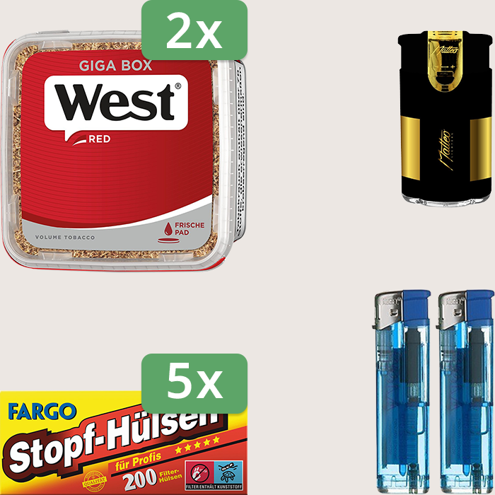West Red 2 x 265 g Sparpaket mit 1.000 Fargo Stopfhülsen Hülsen und Feuerzeugset