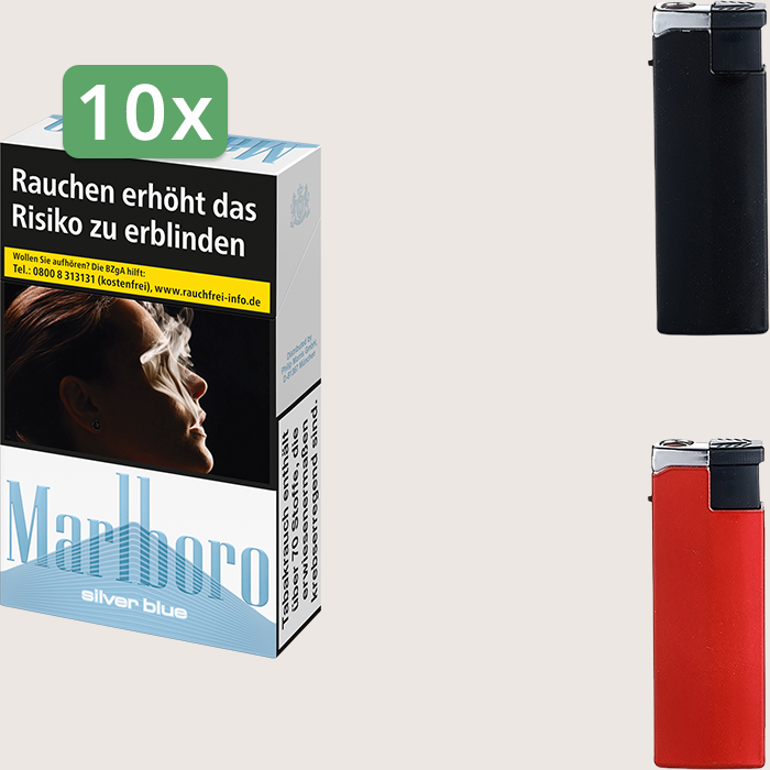 Marlboro Silver Blue 10 x 9,40 € Sparpaket mit 200 Zigaretten und Feuerzeugset Marlboro Silver Blue 10 x 9,40 € Sparpaket mit 200 Zigaretten und Feuerzeugset