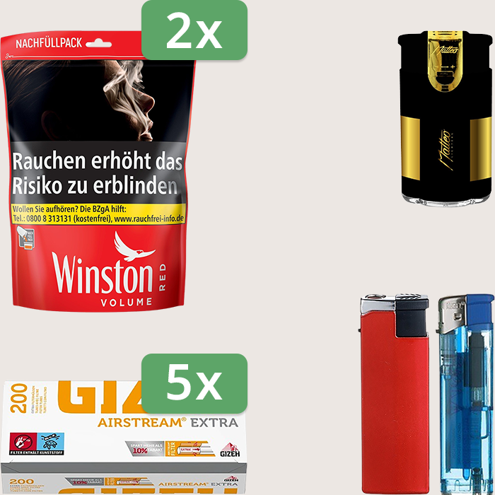 Winston Red 2 x 205 g Sparpaket mit 1.000 Gizeh Airstream Extra Hülsen und Feuerzeugset
