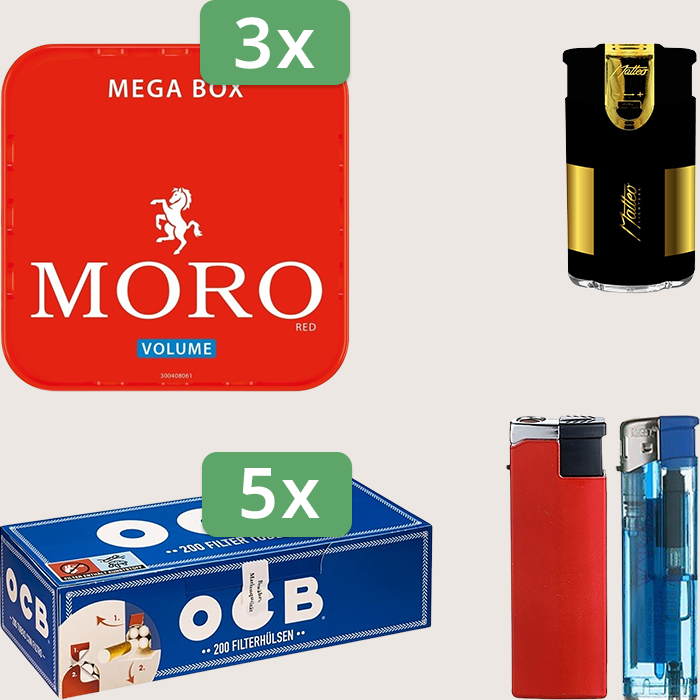 Moro Red 3 x 155 g Sparpaket mit 1.000 OCB Hülsen und Feuerzeugset
