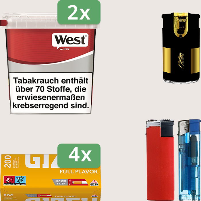 West Red 2 x 170 g Sparpaket mit 800 Gizeh Full Flavor Hülsen und Feuerzeugset West Red 2 x 170 g Sparpaket mit 800 Gizeh Full Flavor Hülsen und Feuerzeugset