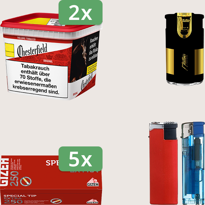 Chesterfield Original Red 2 x 245 g Sparpaket mit 1.250 Gizeh Special Tip Extra Hülsen und Feuerzeugset