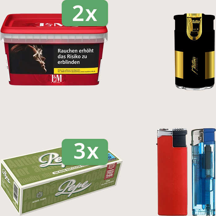 L&M Red 2 x 129 g Sparpaket mit 600 Pepe Hülsen und Feuerzeugset L&M Red 2 x 129 g Sparpaket mit 600 Pepe Hülsen und Feuerzeugset