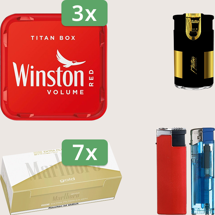 Winston Red 3 x 250 g Sparpaket mit 1.750 Marlboro Gold Extra Hülsen und Feuerzeugset