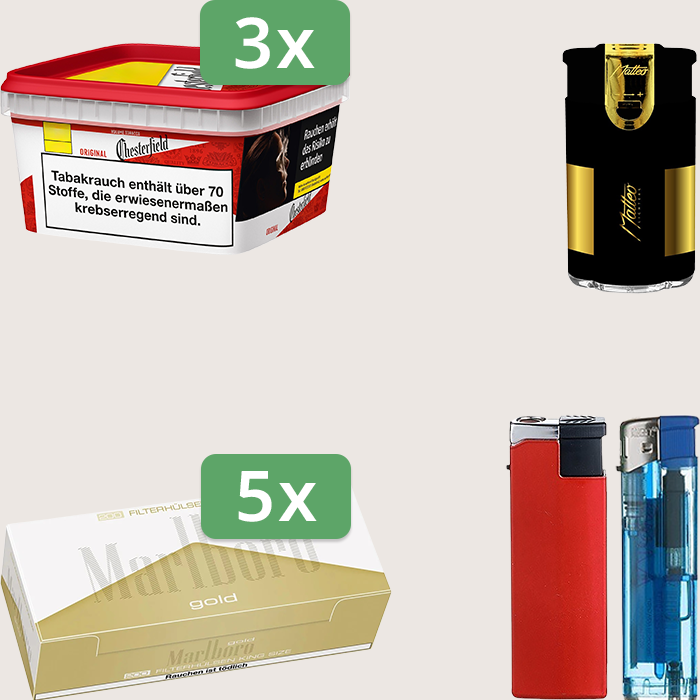 Chesterfield Original Red 3 x 144 g mit 1.000 Marlboro Gold Hülsen und Feuerzeugset